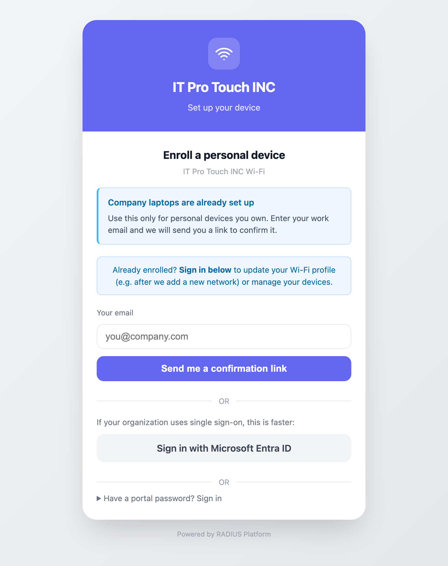 The enrollment page: Company laptops are already set up, an Already enrolled note, a Your email field with Send me a confirmation link, and Sign in with Microsoft Entra ID