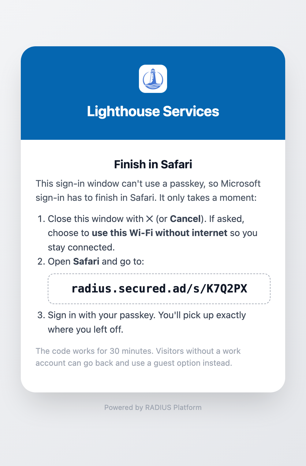 The Finish in Safari page with three steps and a short address to type into Safari