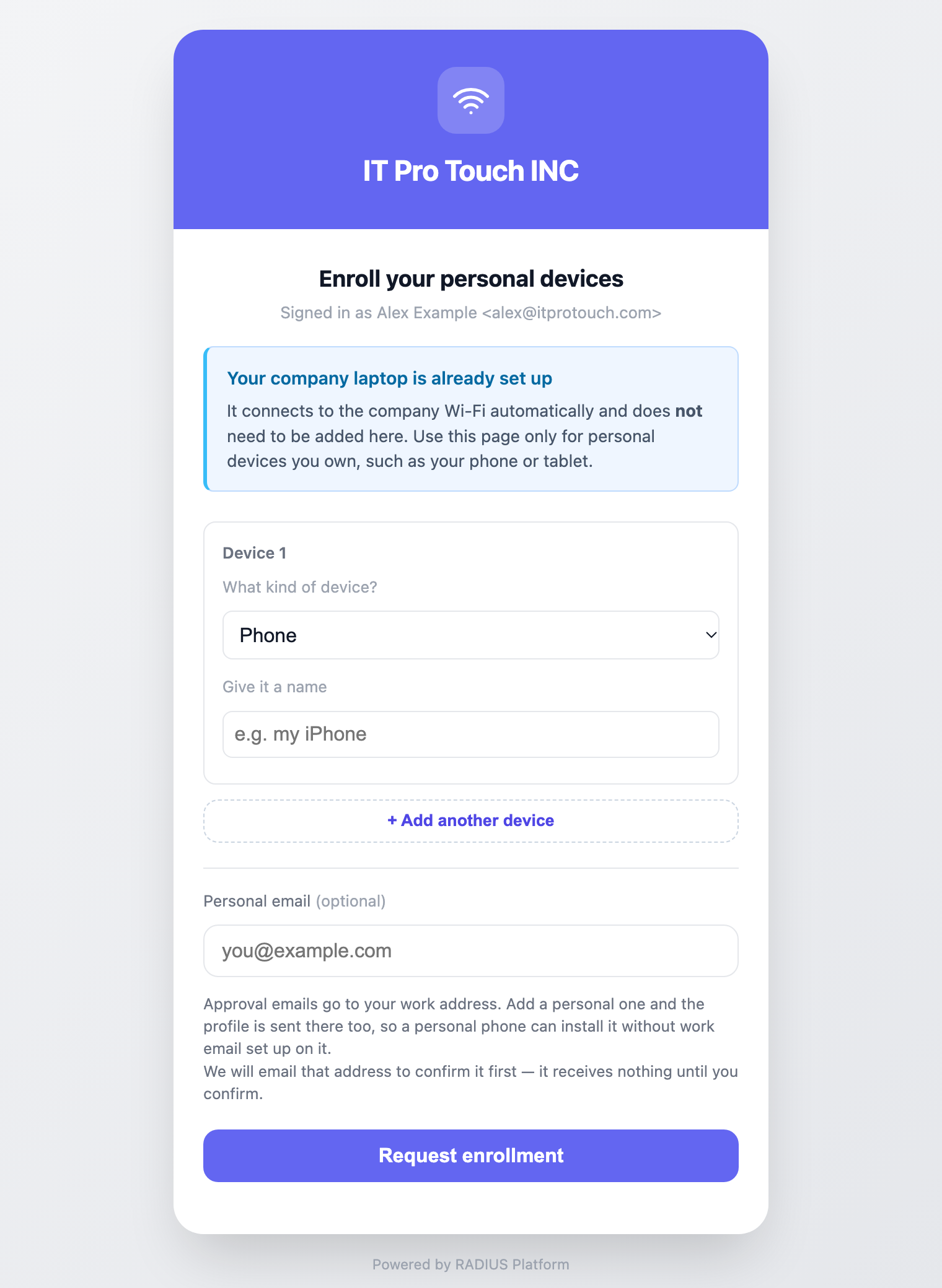 The Enroll your personal devices form: device type, device name, Add another device, personal email and Request enrollment