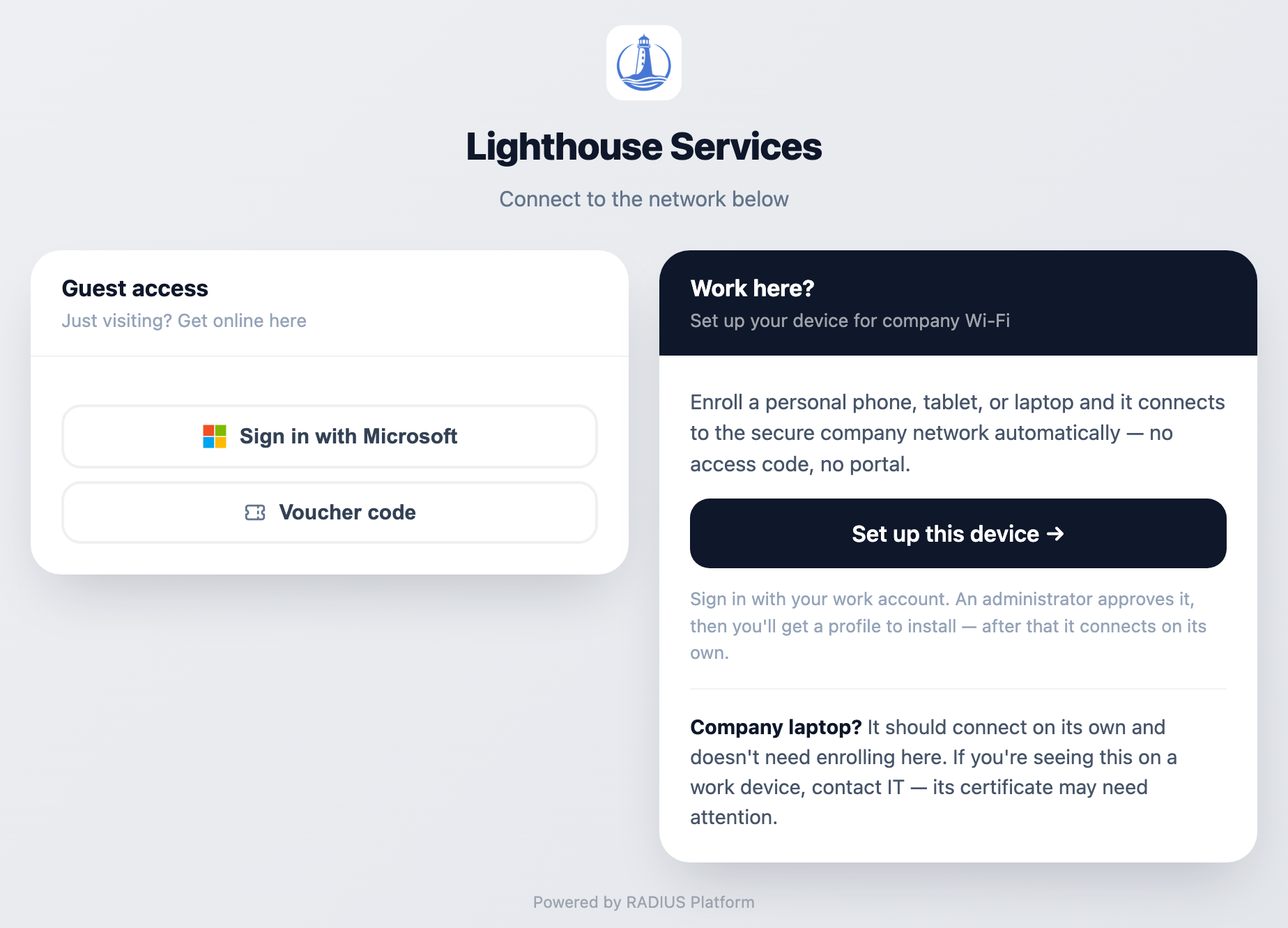 The Lighthouse Services Wi-Fi sign-in page: Guest access with Sign in with Microsoft and Voucher code on the left, Work here? with Set up this device on the right